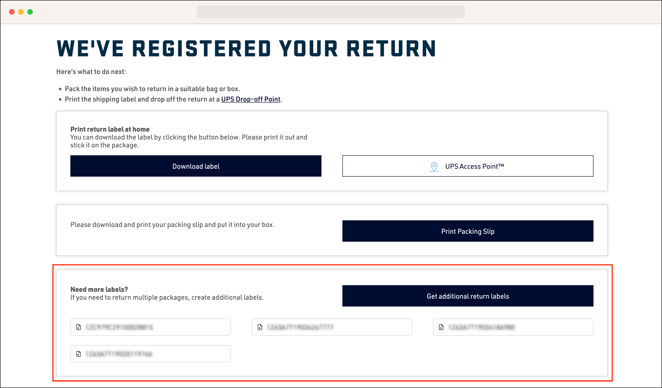 Section to request additional return labels
