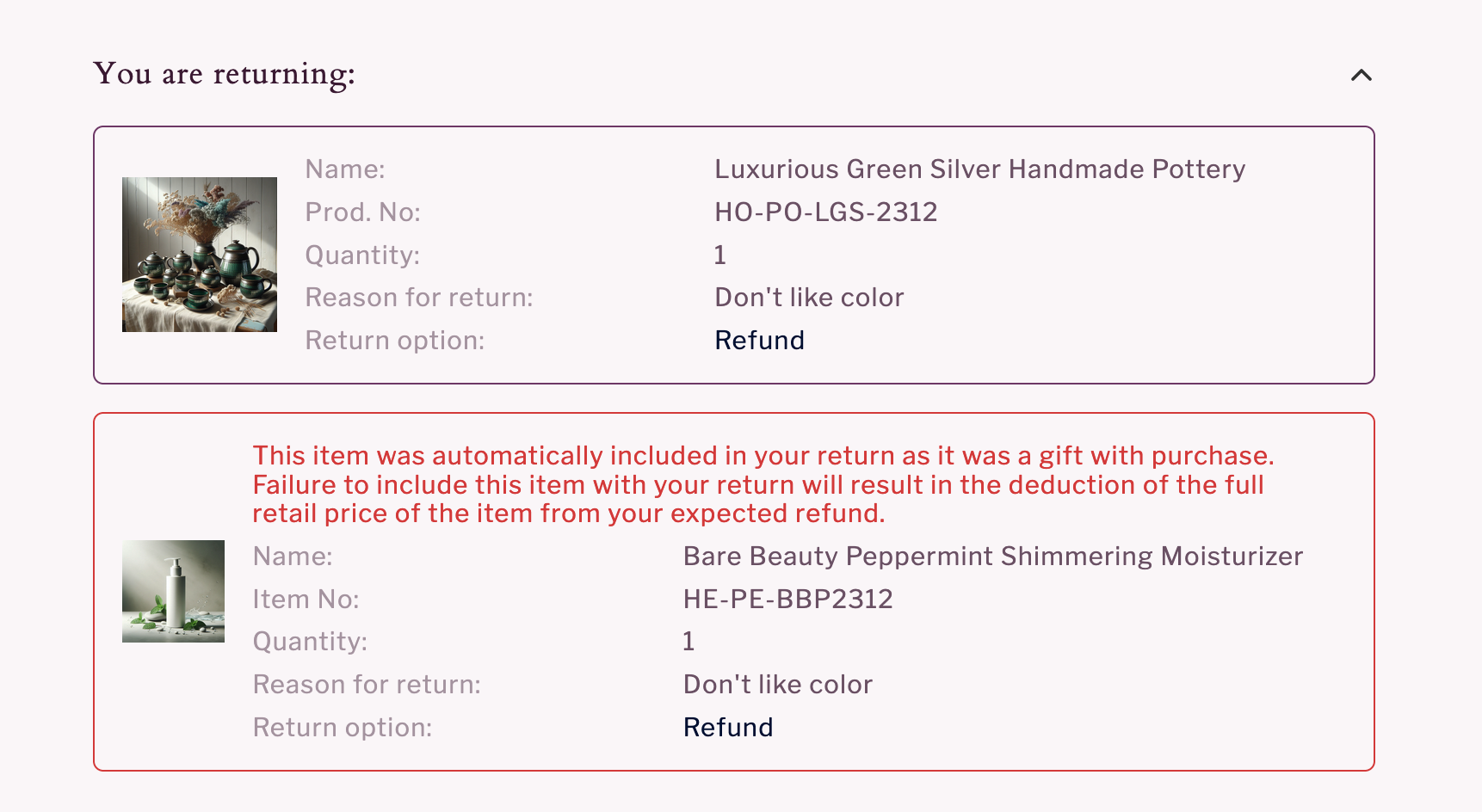 Automatic inclusion of free gift in return summary when the original purchase is registered for return.
