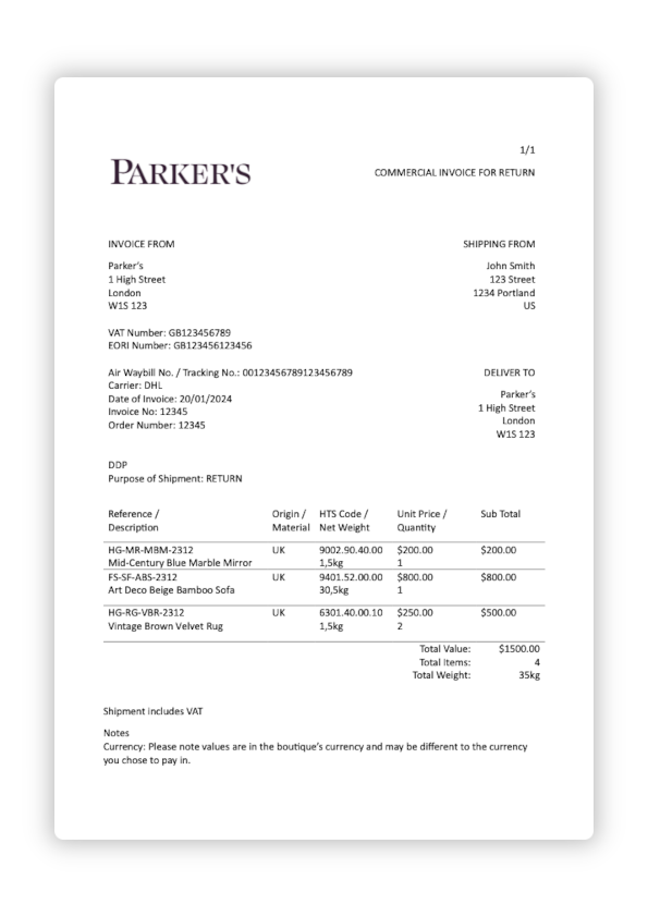 Additional invoice for cross-border return shipments