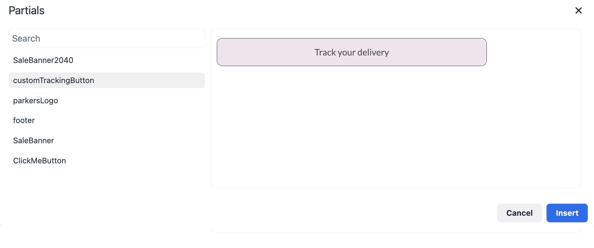 Window to select a partial to add to the message