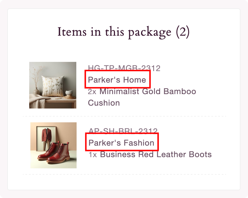 Brand name of item purchased highlighted in the article list
