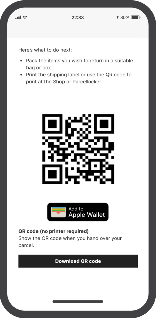 Option available to add the return QR code to the Apple Wallet