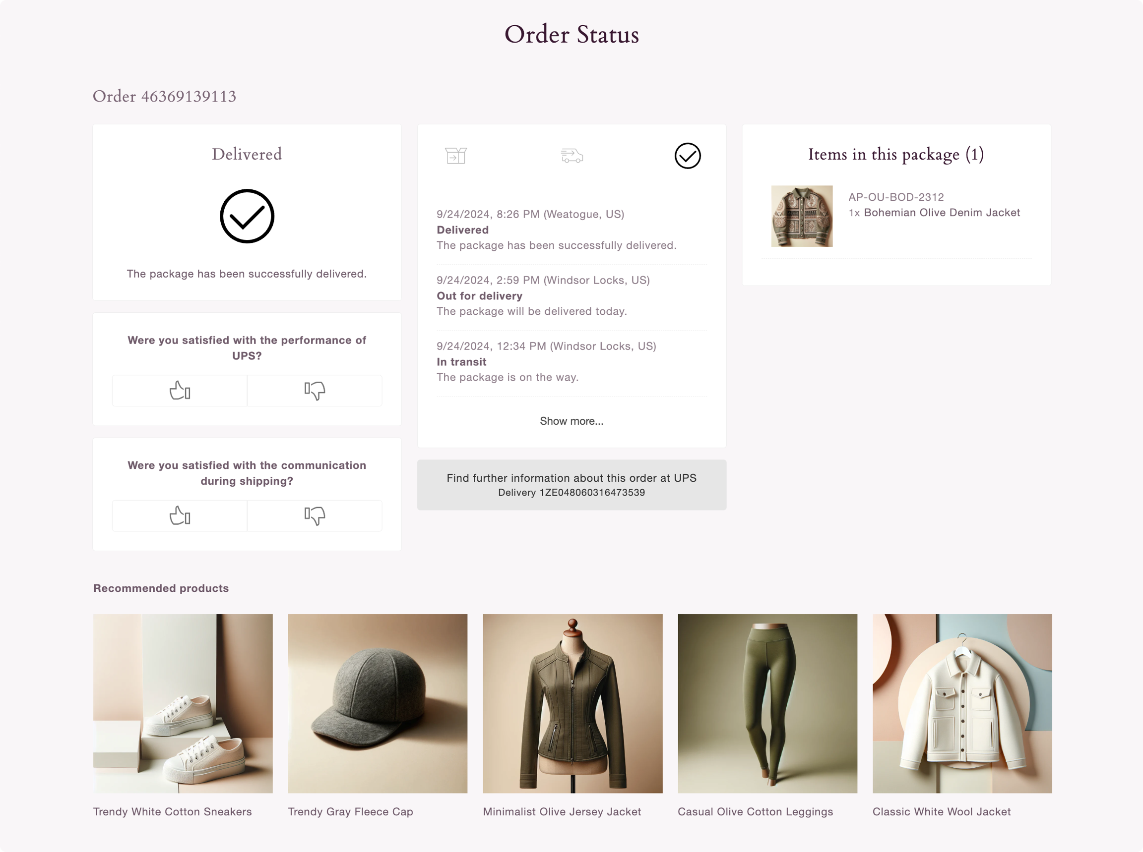 Recommended products displayed on the Order Status page