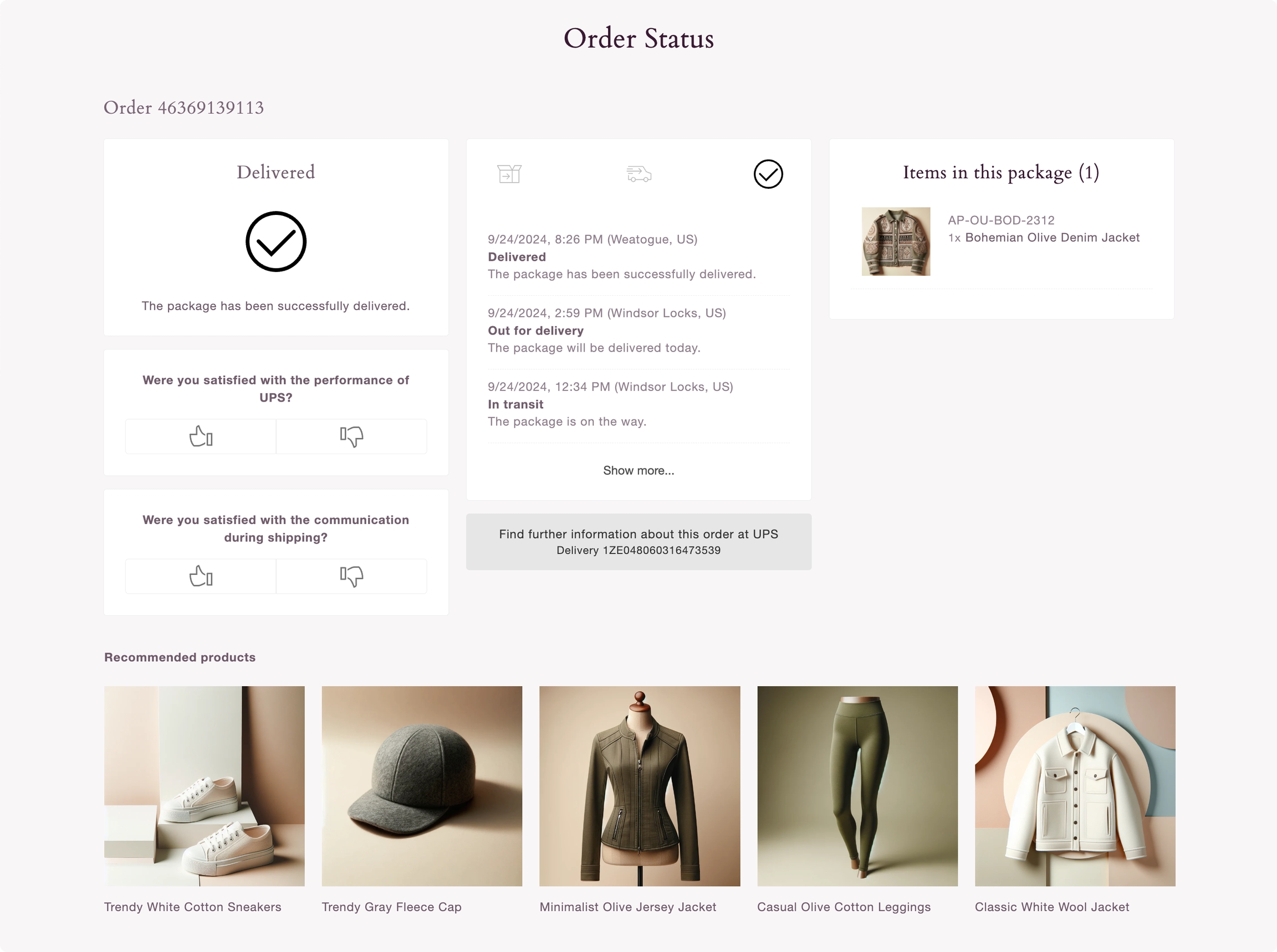 Recommended products displayed on the Order Status page