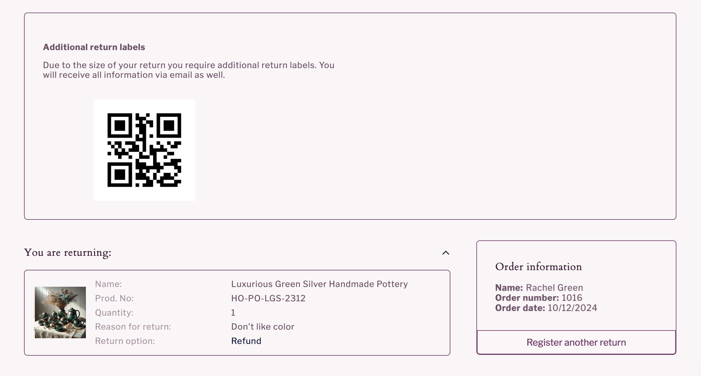 Return confirmation page with additional label for bulky returns