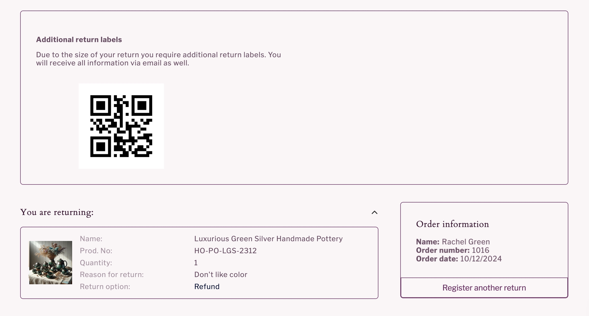 Return confirmation page with additional label for bulky returns