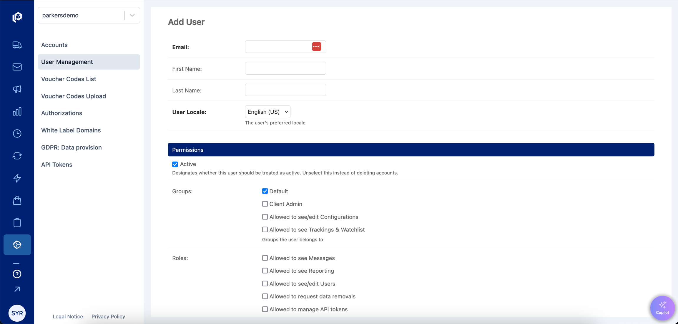 Add User page in parcelLab App Admin module