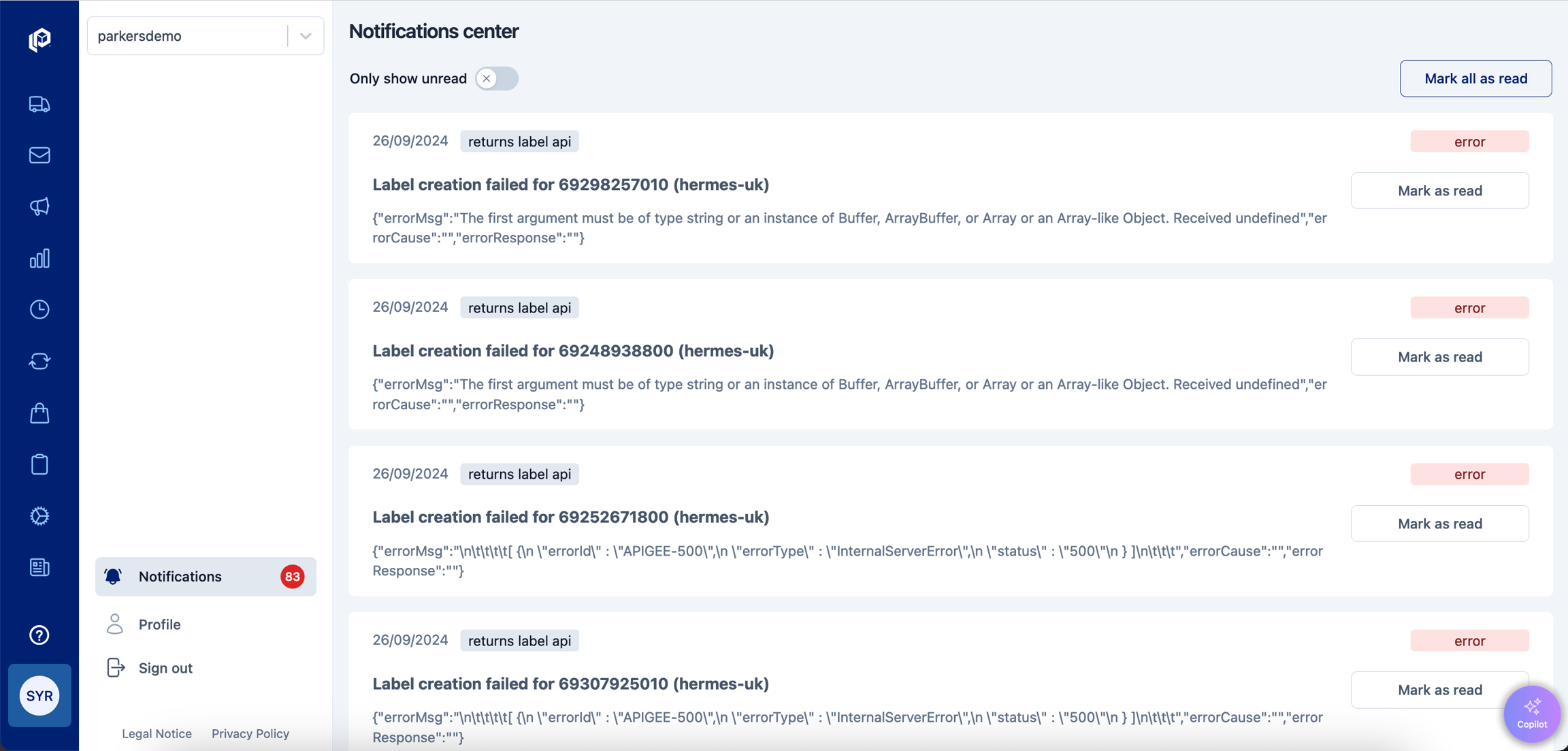 Notifcation Center with example alerts in the parcelLab App