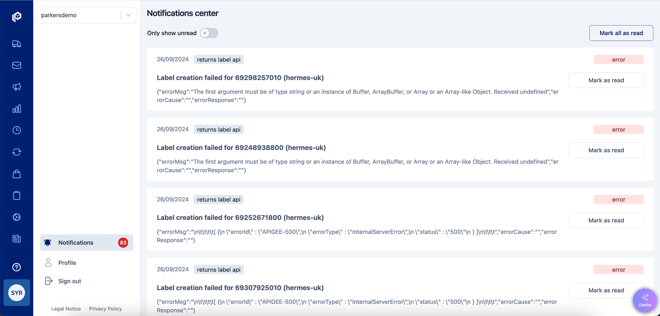 Notifcation Center with example alerts in the parcelLab App
