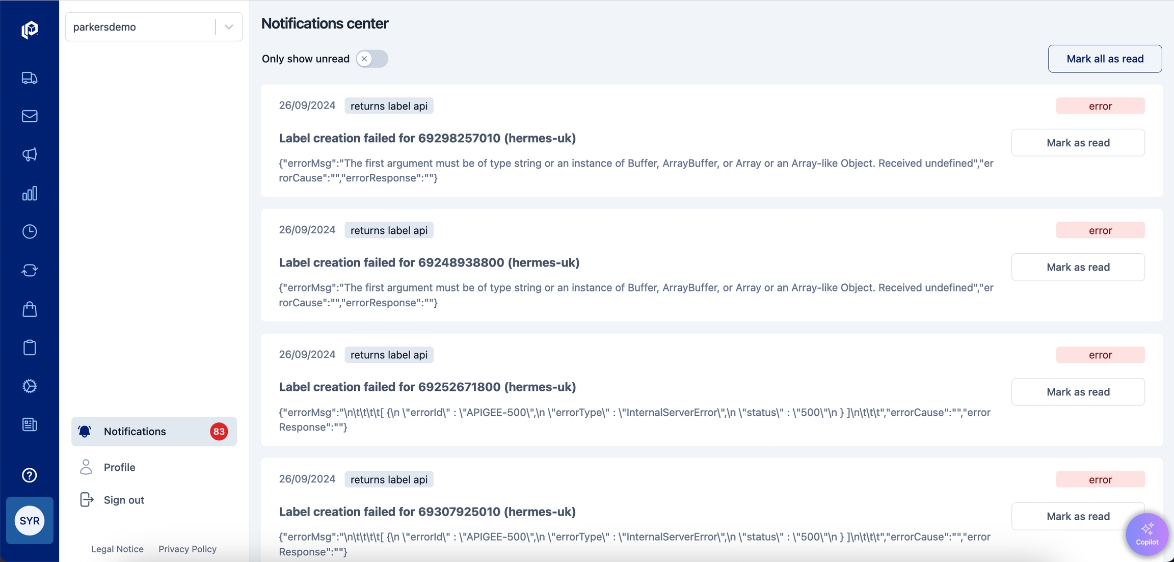 Notifcation Center with example alerts in the parcelLab App