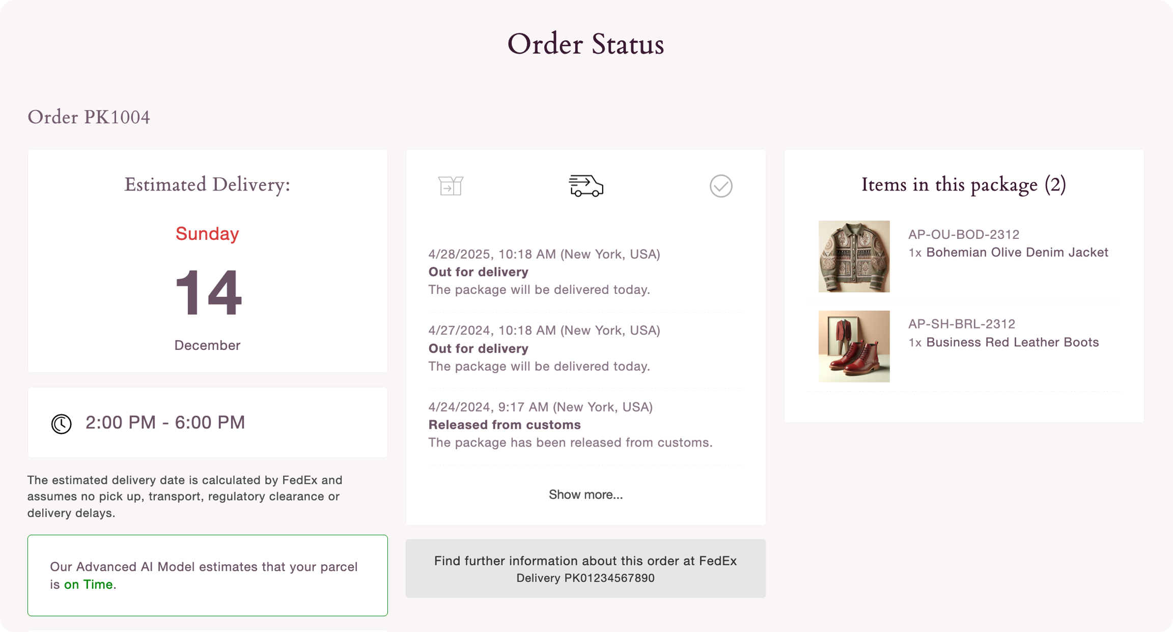 Order Status page with Trending Late status