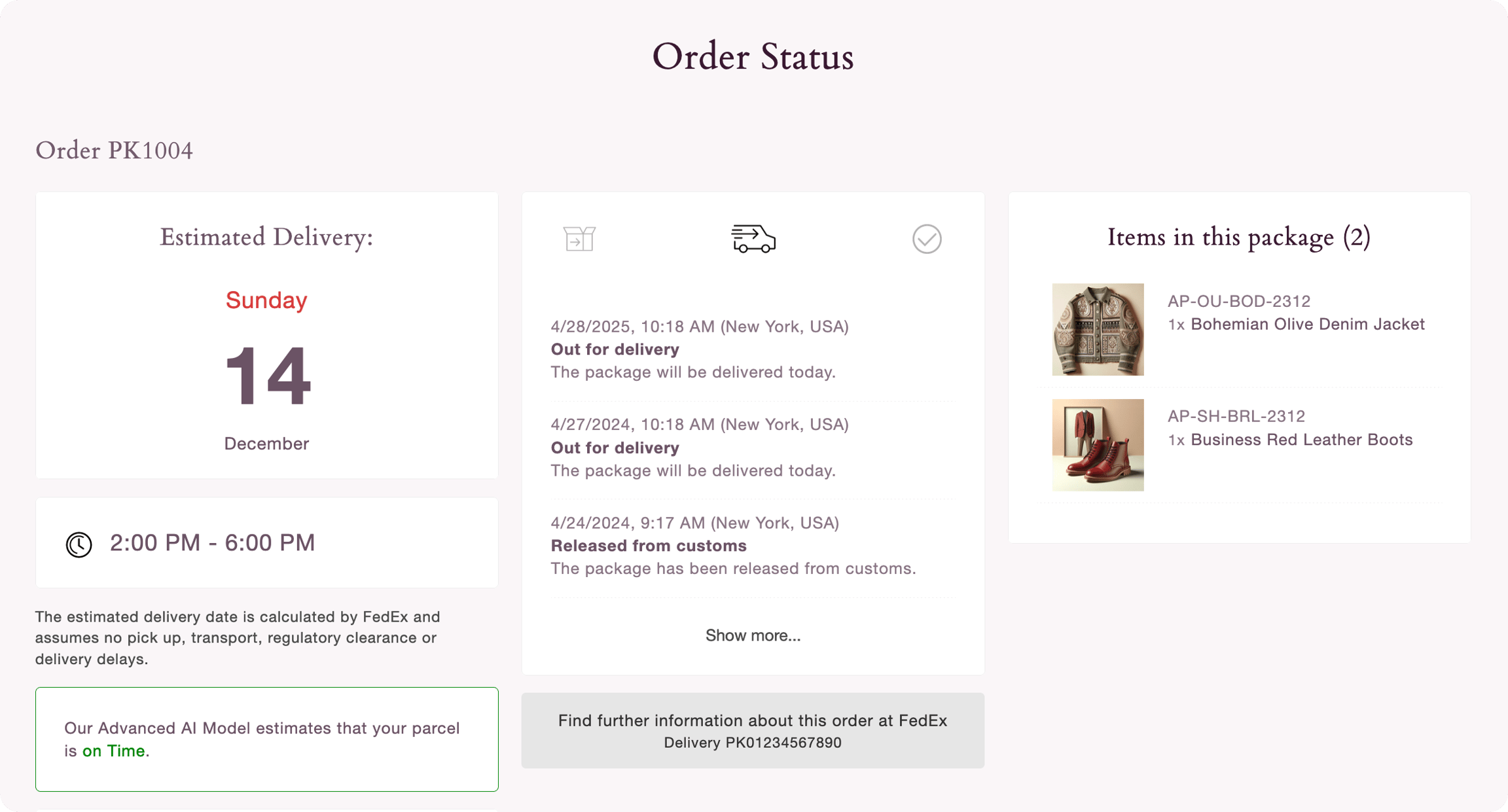 Order Status page with Trending Late status