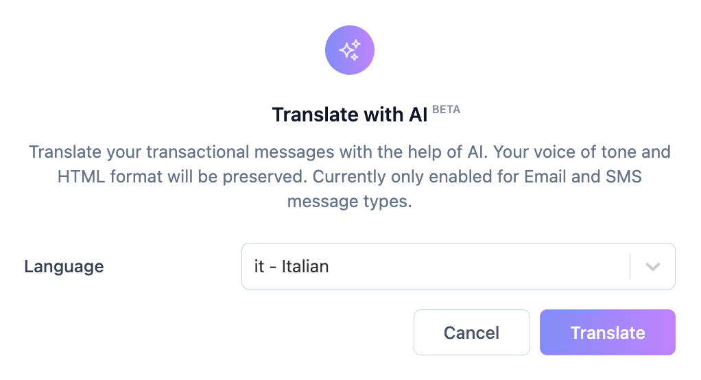 Translate with AI window with language selected