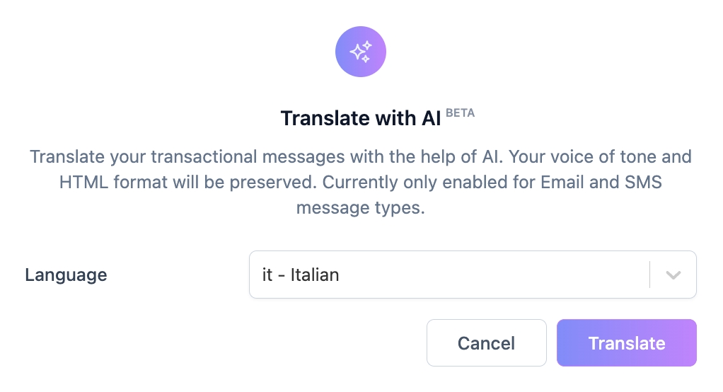 Translate with AI window with language selected