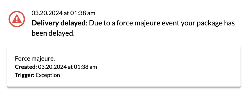 Force majeure checkpoint status update for a tracking record