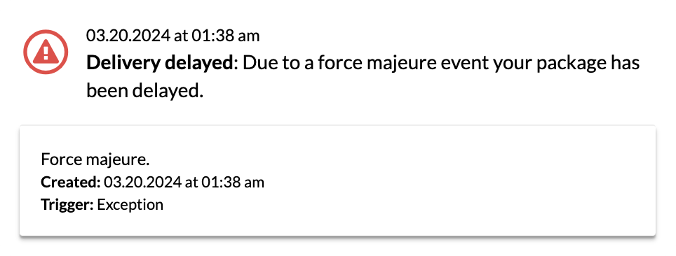 Force majeure checkpoint status update for a tracking record