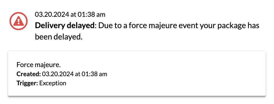 Force majeure checkpoint status update for a tracking record