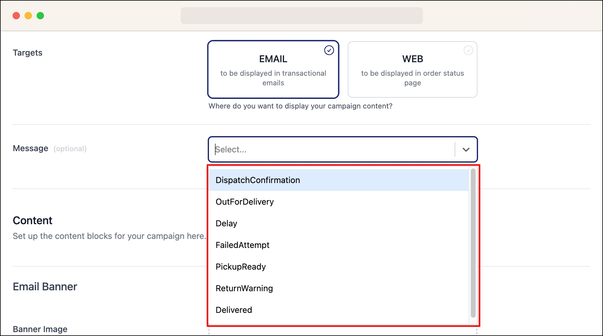 Available message types for selection for email campaigns