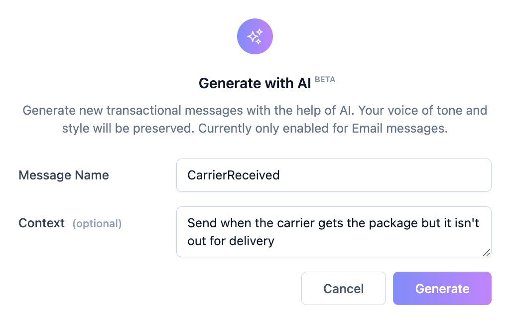 Generate with AI window with example message type details