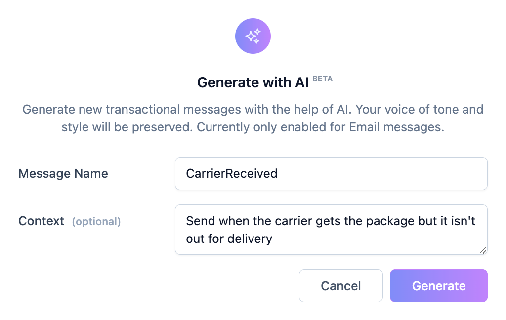 Generate with AI window with example message type details