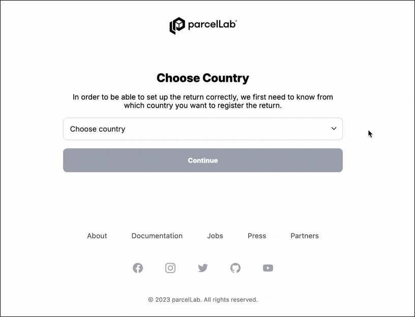 GIF showing how to select a different language/country for the Returns Portal
