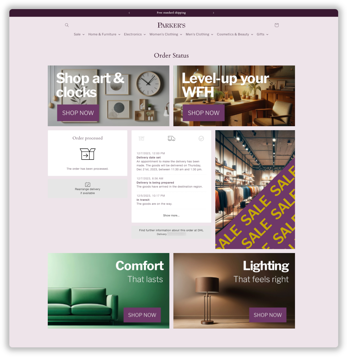 Order Status page with five banners for a campaign