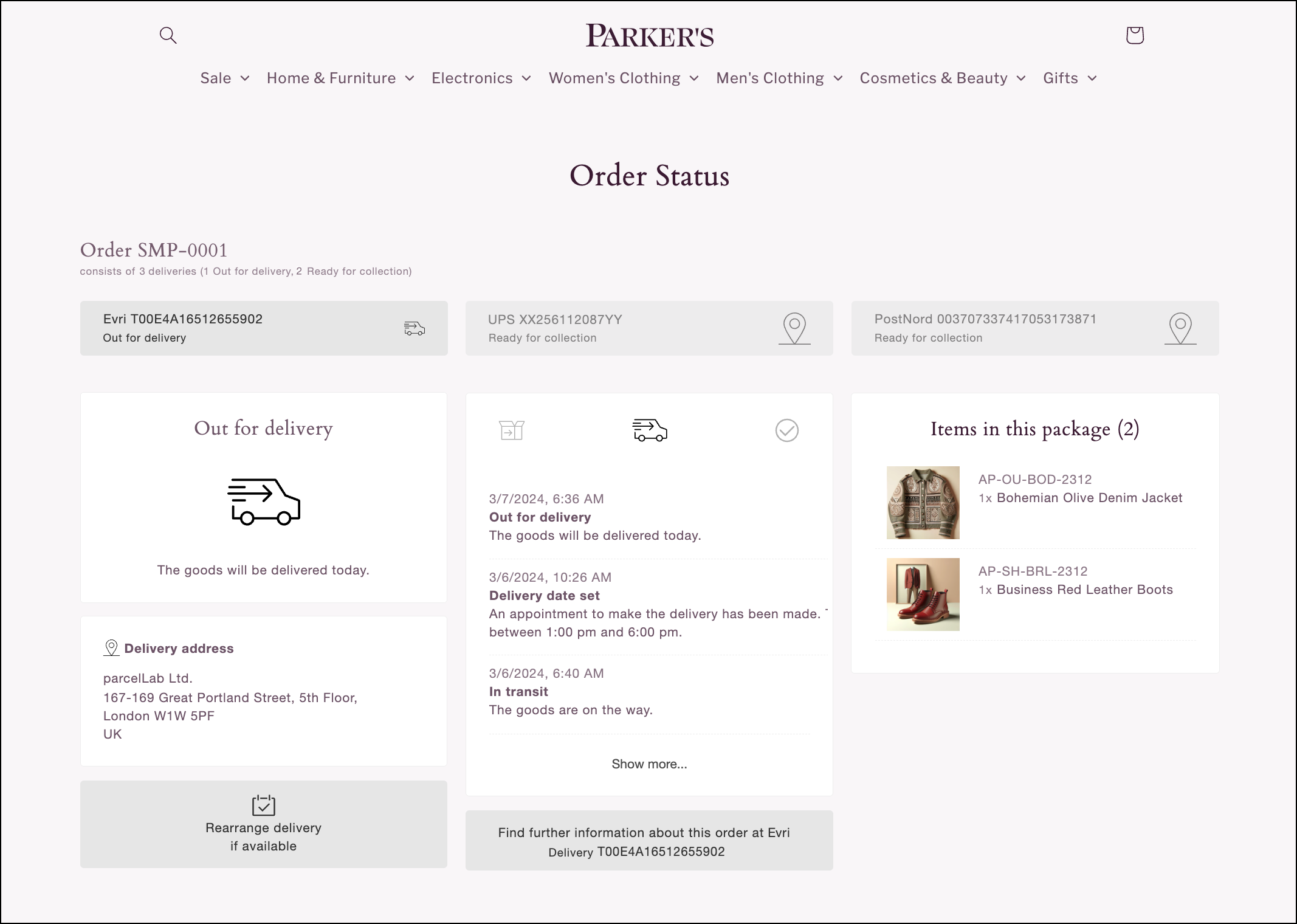 Order status page for an order displaying displaying the delivery status updates and items in the order