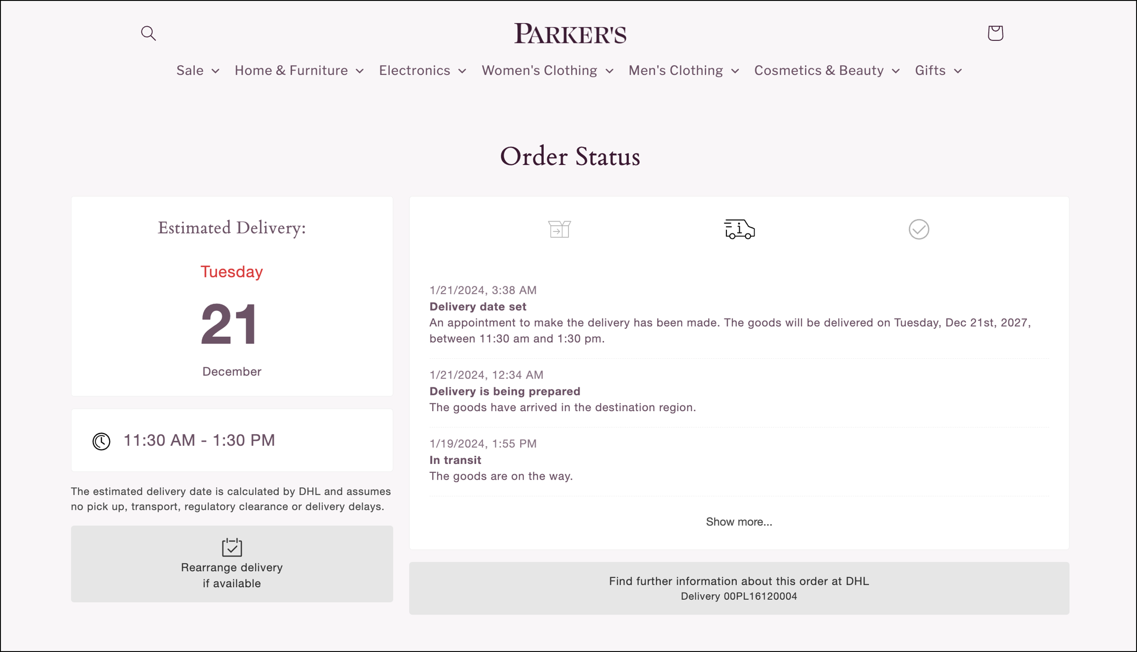 order status page for a parcel displaying the estimated delivery time and delivery status updates