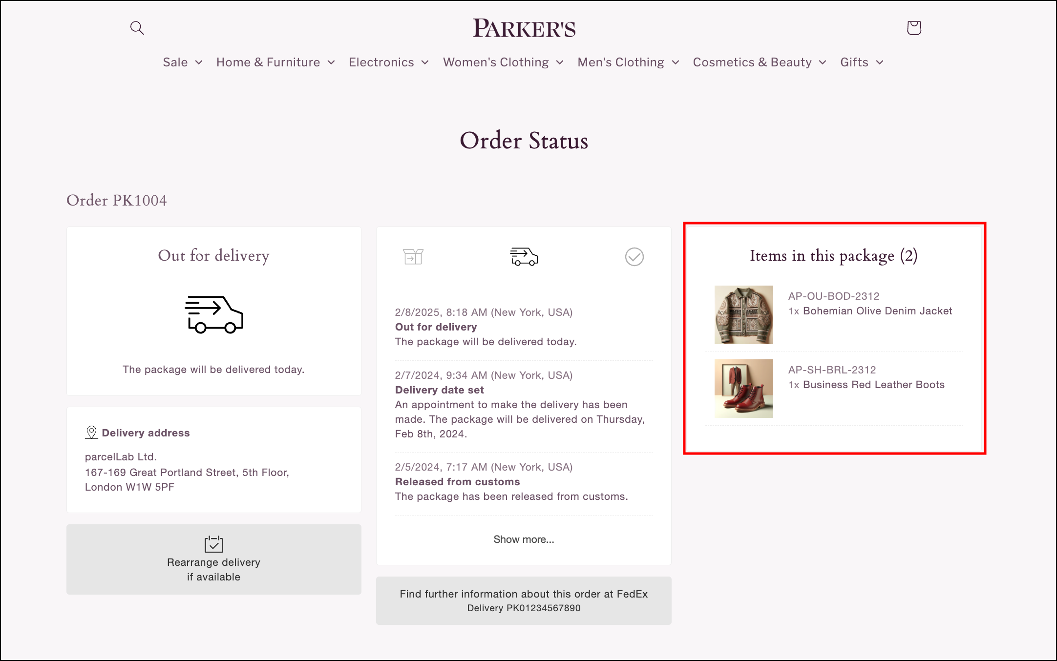 List of purchased items
