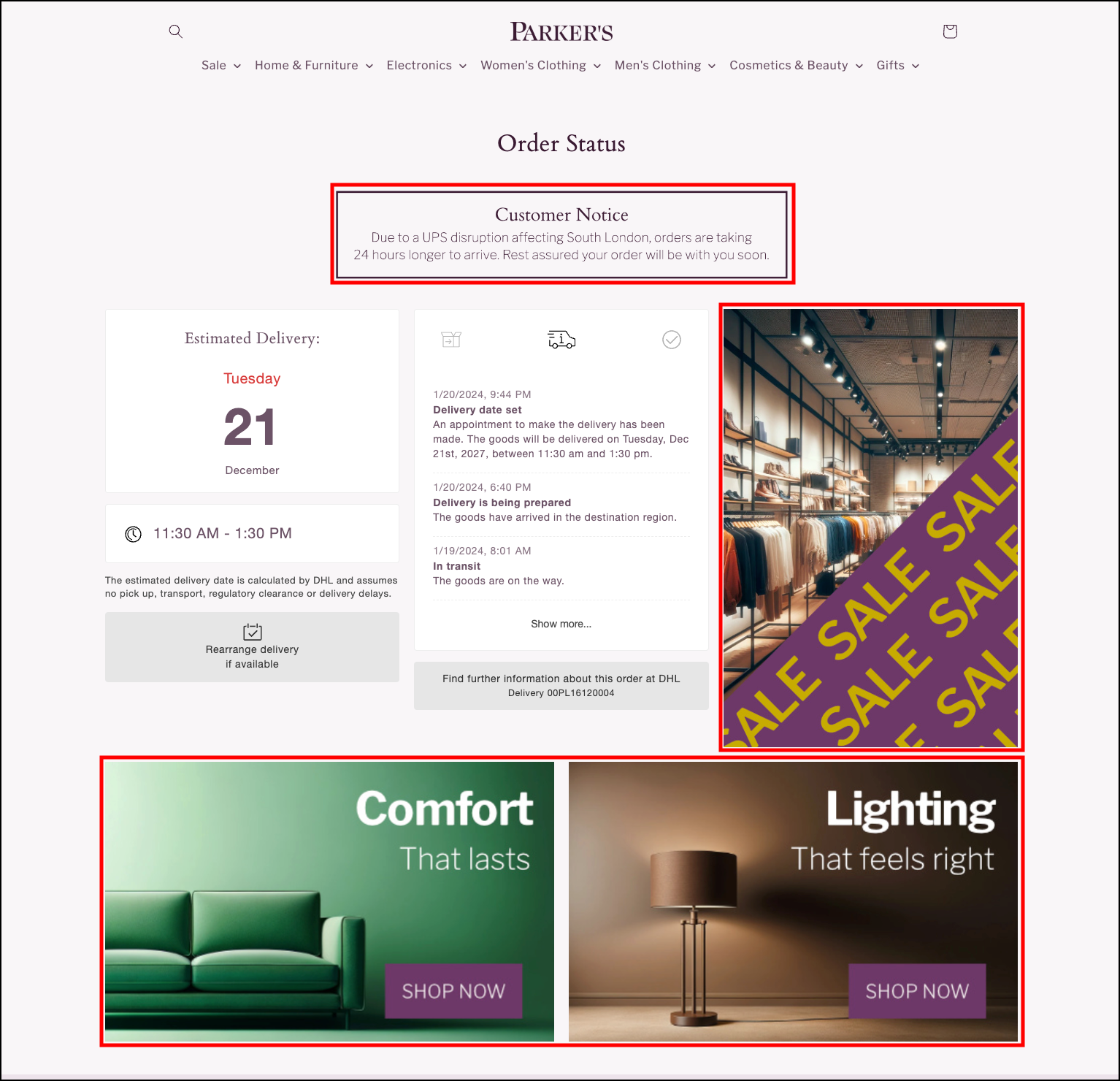 Four campaign banners on the Order Status page with top banner slot centered